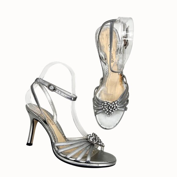 CAPARROS METALLIC SILVER LEATHER RHINESTONE HEART ANKLE STRAP SANDALs HEELS - 7B - Picture 2 of 11